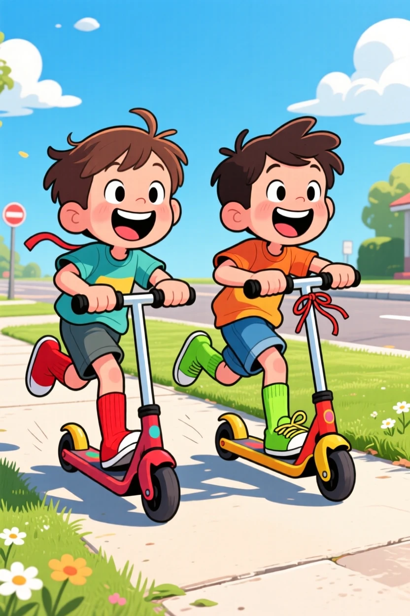 A playful childhood moment of twin siblings racing scooters down a sunny sidewalk, with mismatched socks and untied shoelaces.