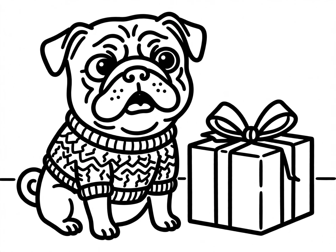 A pug wearing a knitted holiday sweater, sitting beside a wrapped present twice its size.
