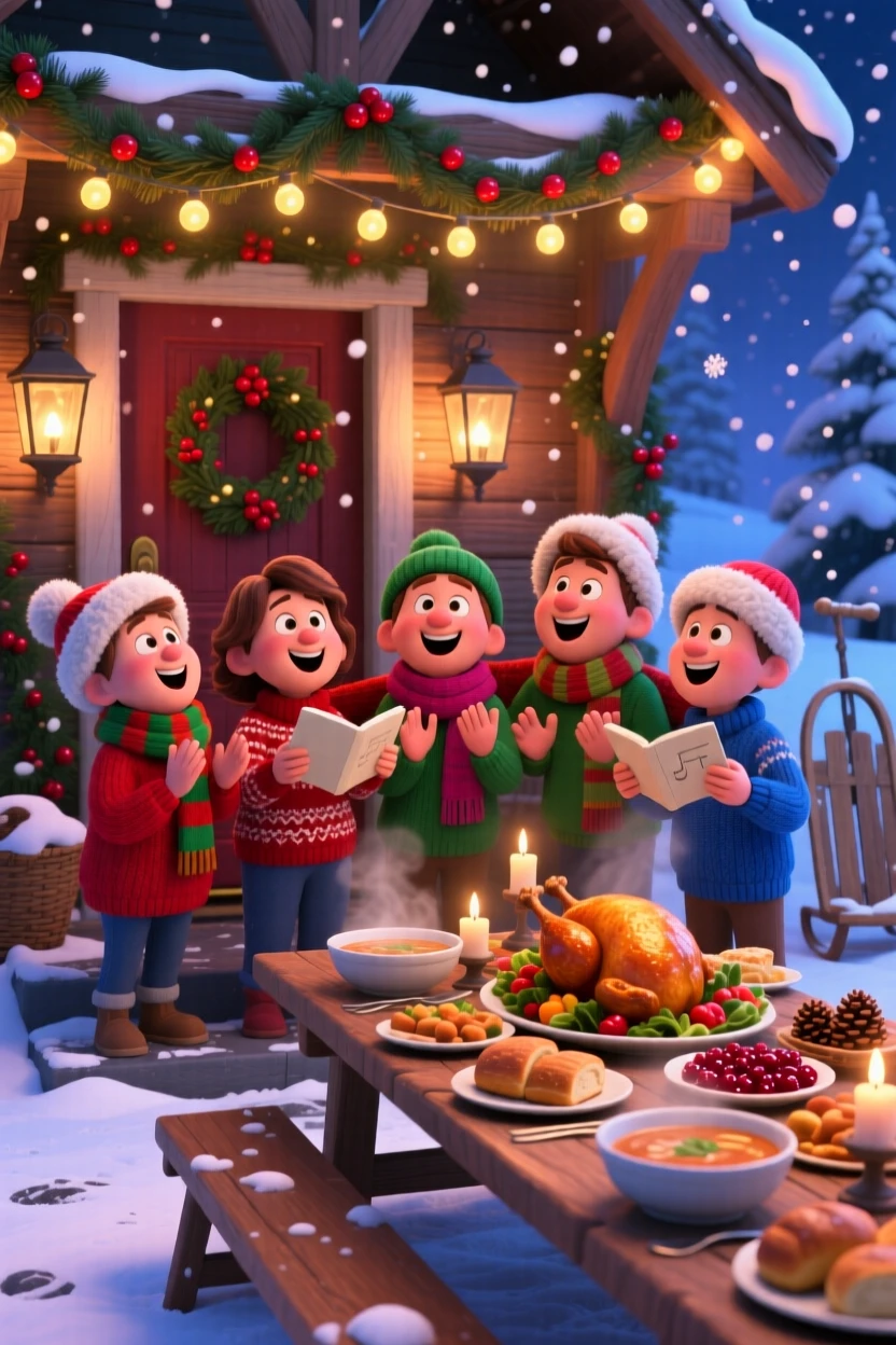 A group singing carols on a snowy doorstep happens at a long table set with a holiday feast, with soft snow drifting gently down. A festive warmth and togetherness fill the scene.