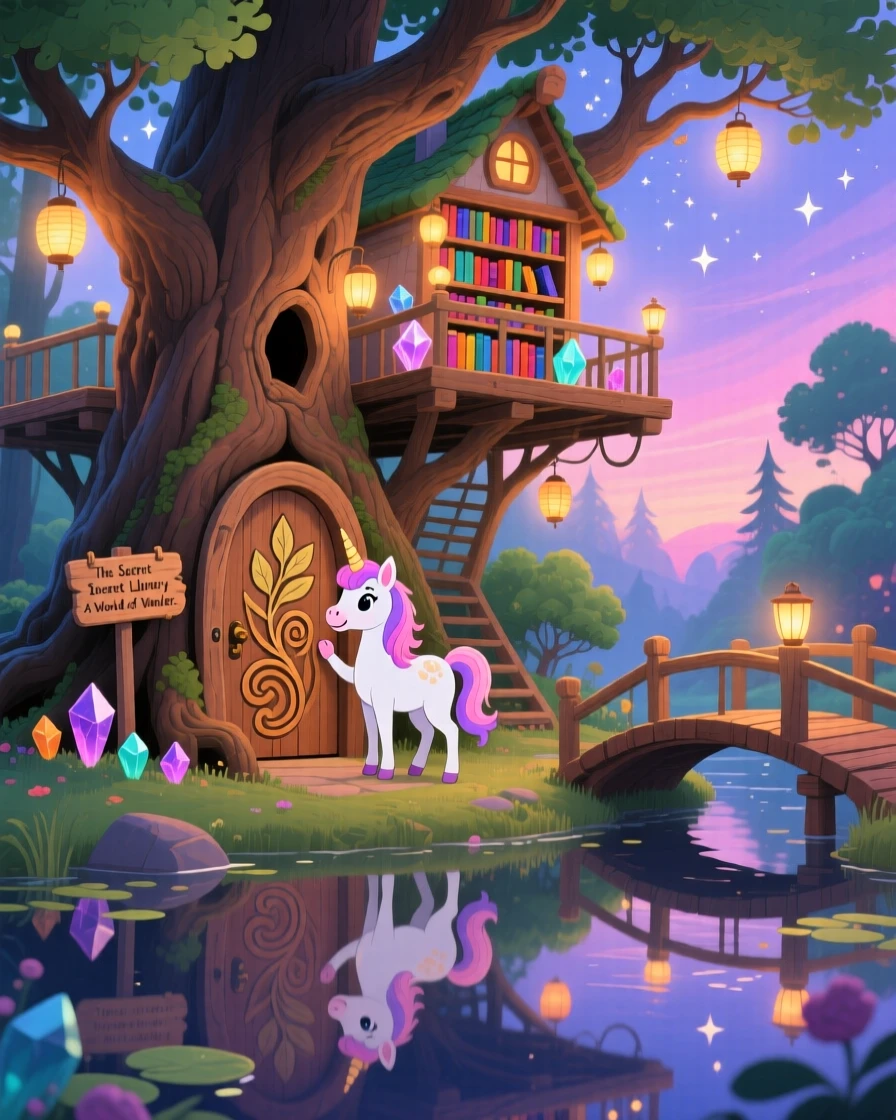 In a treehouse village strung with lanterns, a unicorn foal discovers a moment of wonder while discovering a hidden library inside a giant oak, as reflections shimmer on the still water.
