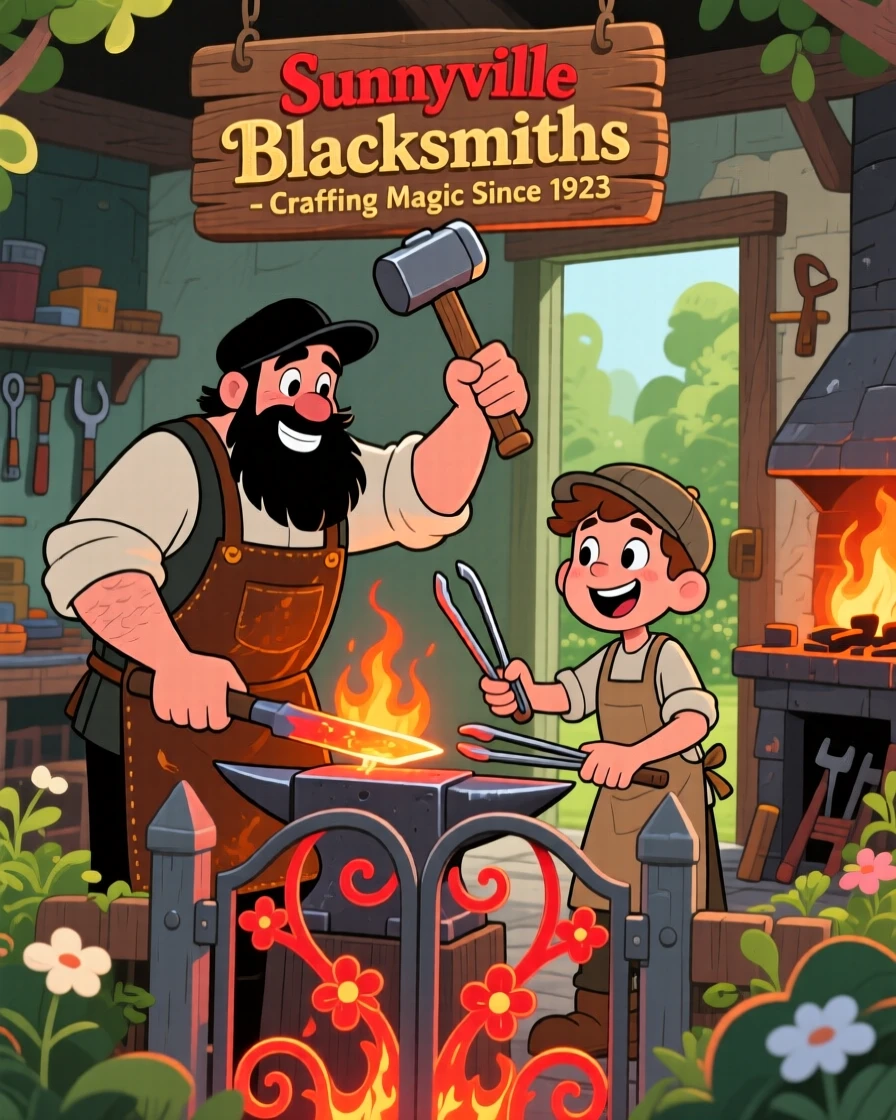 A blacksmith and apprentice forging a garden gate together.