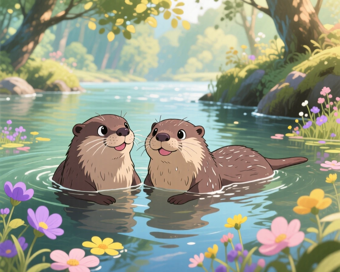 A pair of otters floating together on their backs, surrounded by scattered wildflowers, radiating pure charm.
