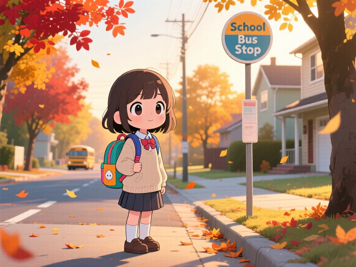 Full-body shot of a young girl, waiting for the school bus with a backpack, in a quiet suburban street at sunrise, during golden autumn harvest season, illuminated by warm morning light filtering through leaves, radiating warm affection.