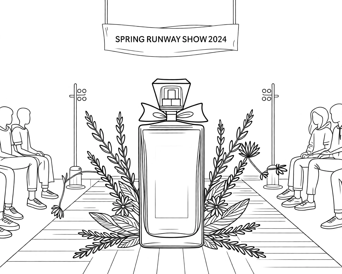 A perfume bottle surrounded by dried flowers, photographed on a runway during a fashion show.