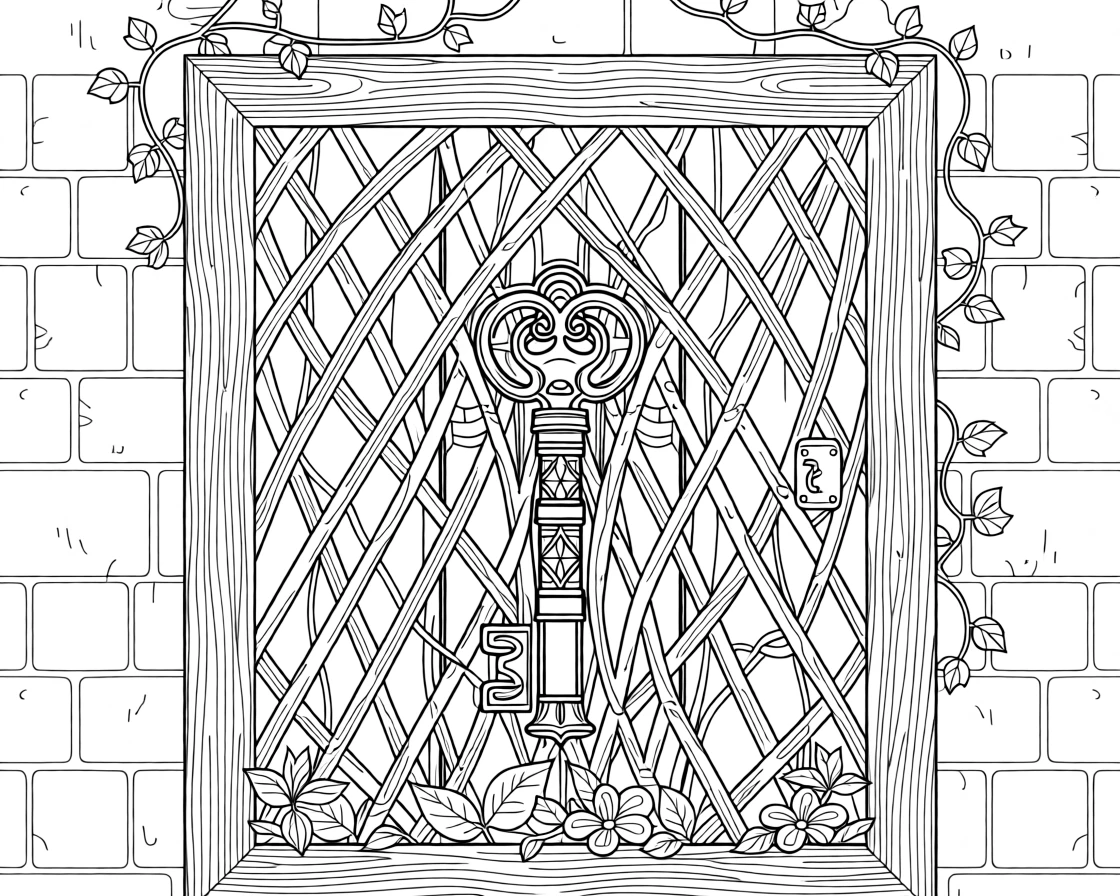 A single vintage key unlocking a door made of interwoven branches.
