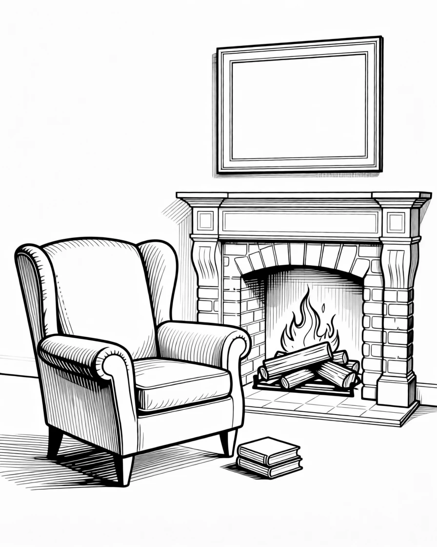 A cozy reading chair beside a crackling fireplace