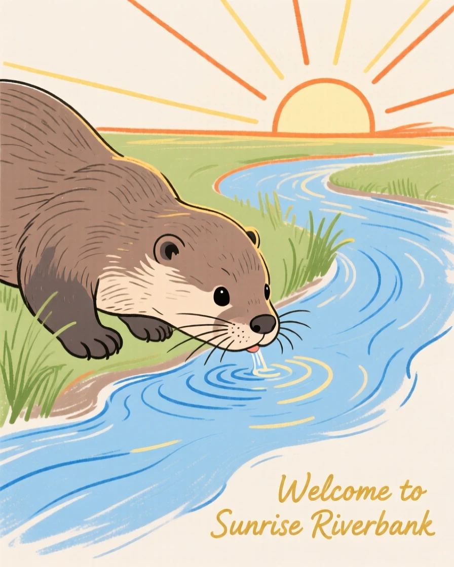 A baby otter drinking from a stream along a quiet riverbank at sunrise.
