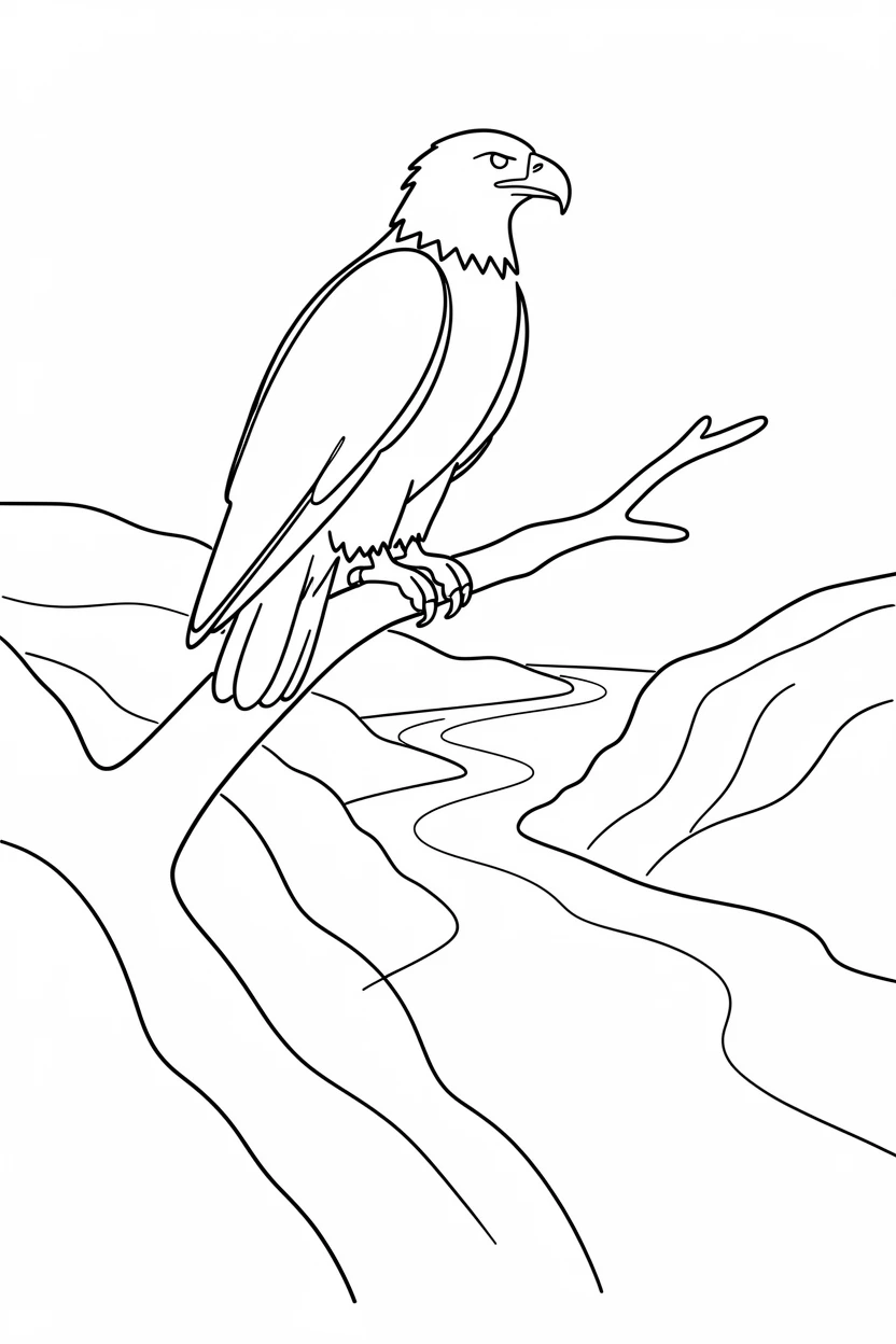 A bald eagle perched on a high branch overlooking a river valley