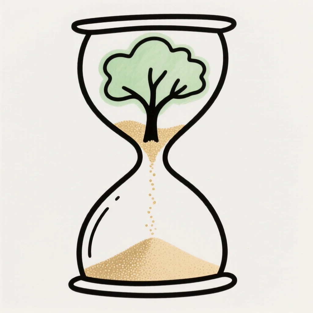 An hourglass with sand shaped like a tree