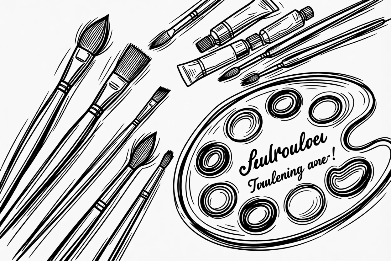 A flat lay of art supplies including brushes, paint tubes, and a palette.