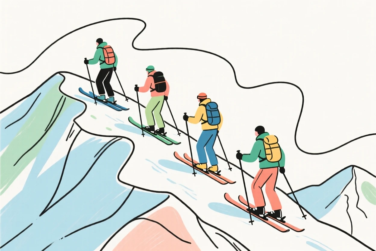 A group of skiers hiking up a remote mountain ridge for backcountry skiing.