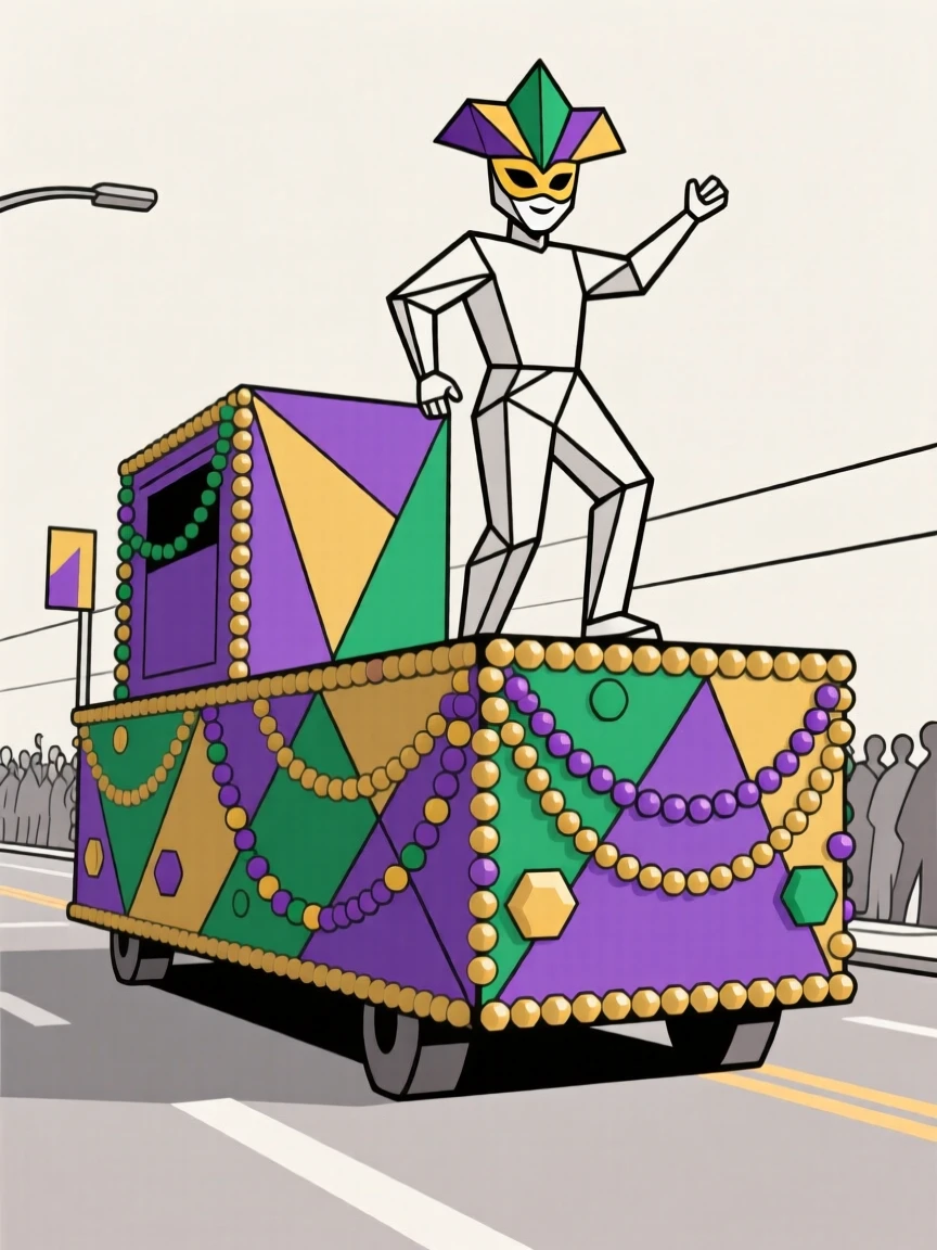 A Mardi Gras parade float covered in colorful beads