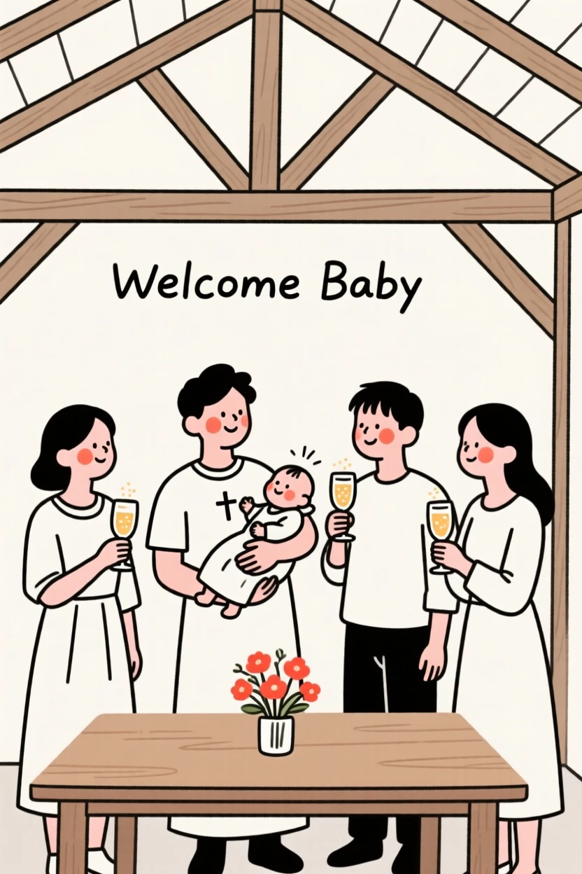 Close friends celebrating a baptism, in a rustic barn.