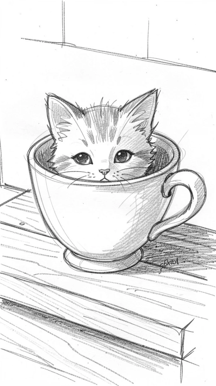 An irresistibly cute scene of a tiny kitten peeking out of a teacup on a warm porch step, looking impossibly soft and content.