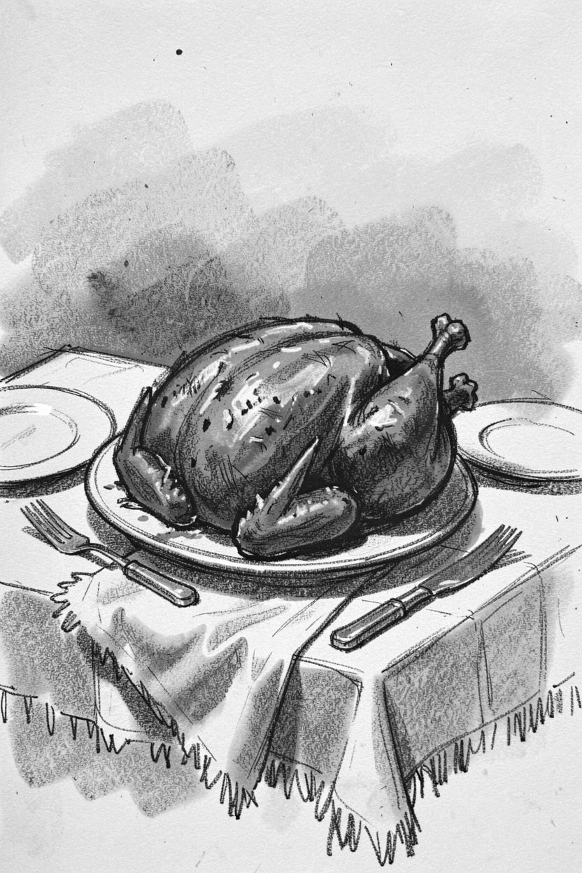 A Thanksgiving table set with a golden roasted turkey, with a gentle mist rolling through the background.