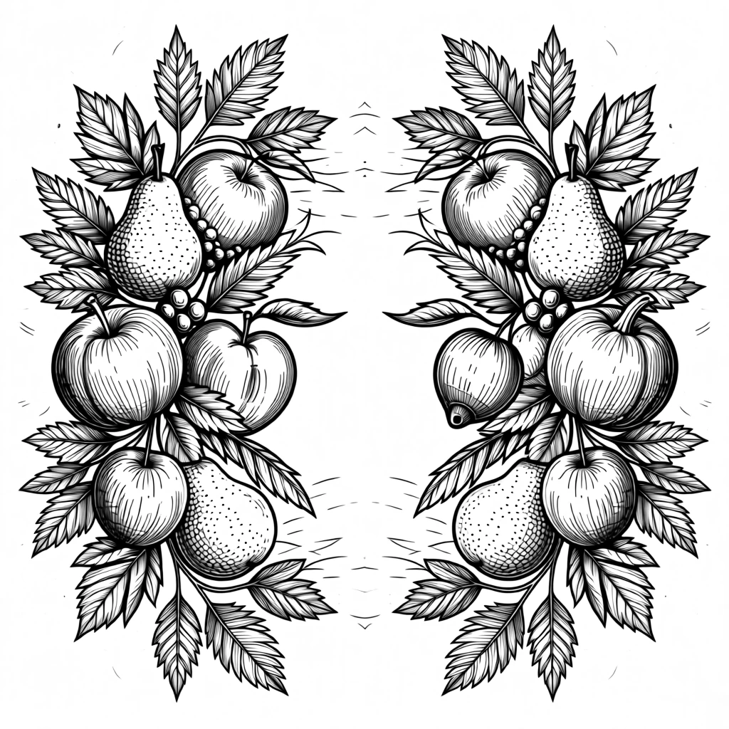 A symmetrical arrangement of seasonal fruits and leaves arranged to draw the eye toward the center, with a harmonious balance of positive and negative space, forming a timelessly decorative composition.