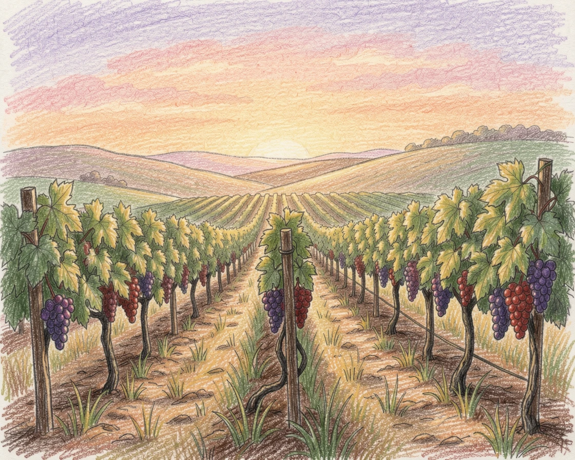 A countryside vineyard sunset with rows fading into soft haze, with rich, inviting textures throughout the scene, full of charm, emotion, and visual delight.