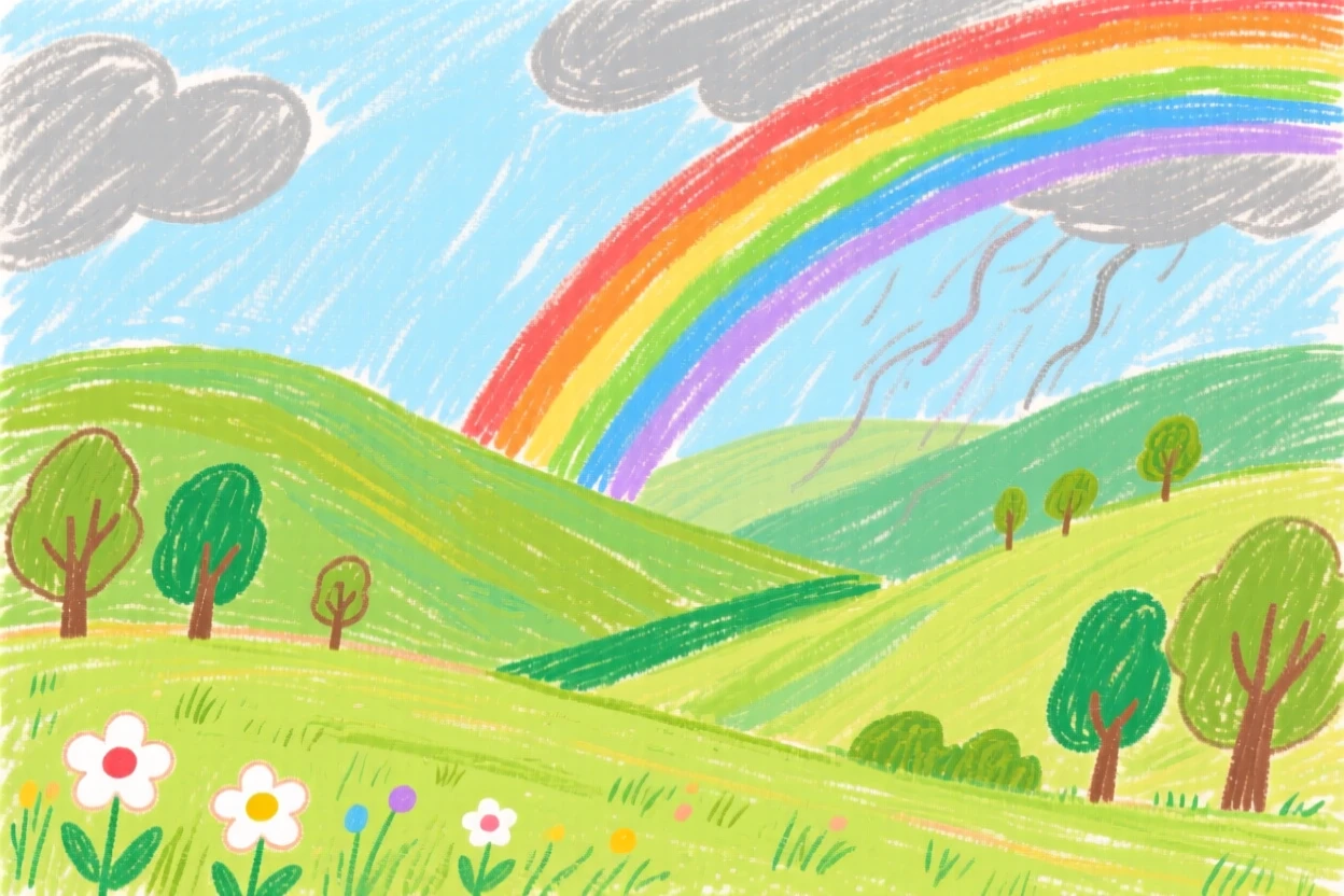 A rainbow stretching across a valley after a summer storm.