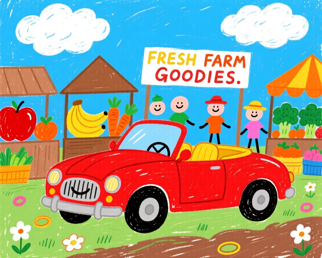 A vintage red convertible parked beside a colorful farmers market.