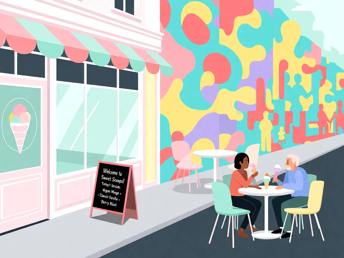 A trendy ice cream shop with a pastel-colored storefront, set against a colorful mural-covered wall, arranged with a fresh, contemporary sense of composition, with a sense of community and connection in every detail.