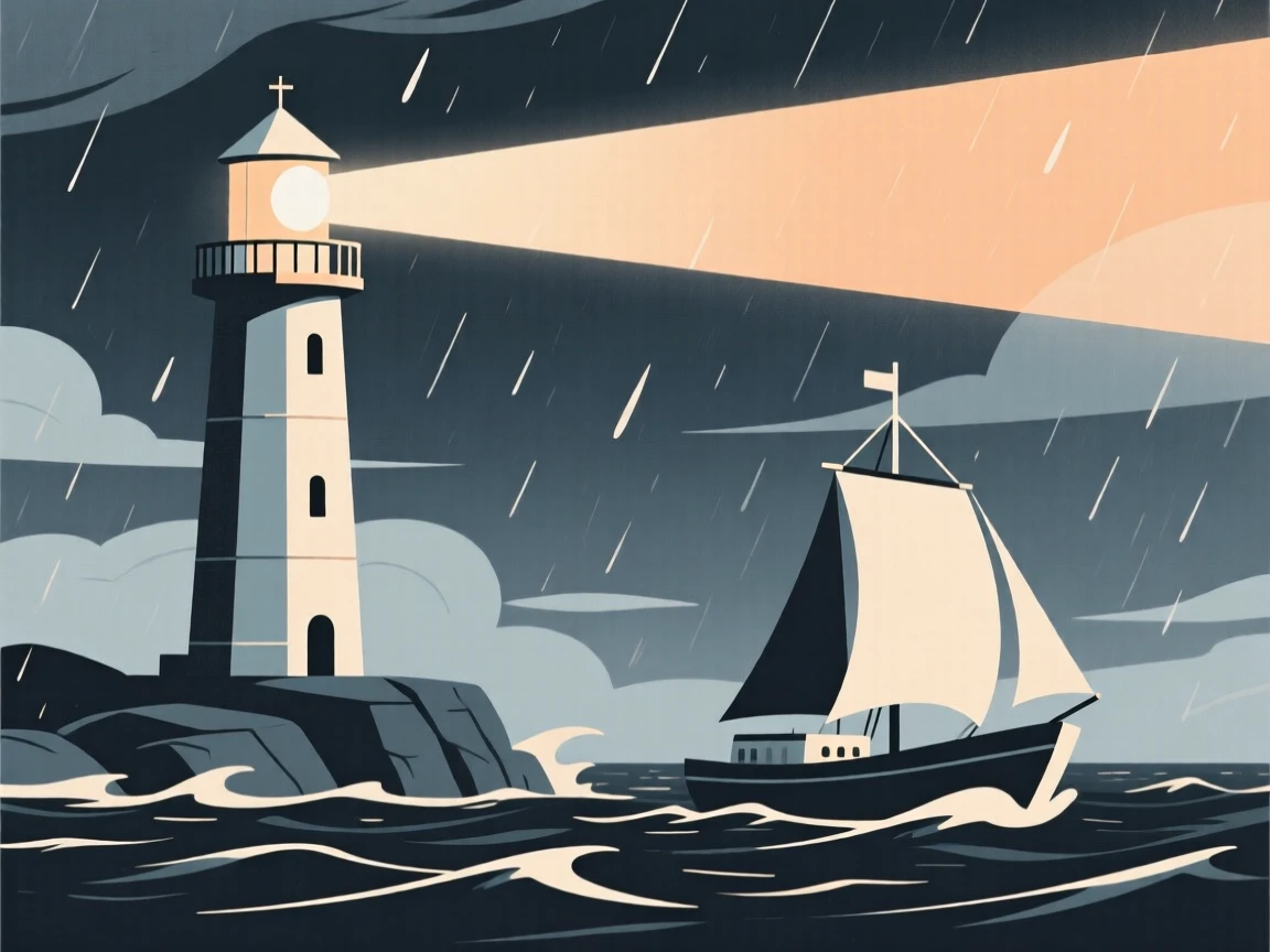 A lighthouse shining brightly to guide a ship safely through a storm.