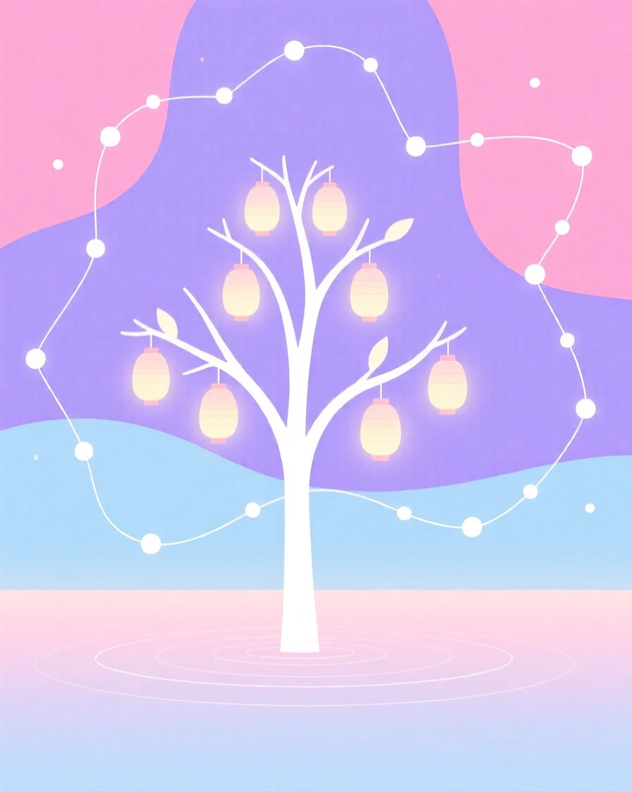 A tree with glowing lanterns for leaves floating above a surreal pastel-colored horizon, surrounded by swirling constellations, radiating dreamlike serenity.
