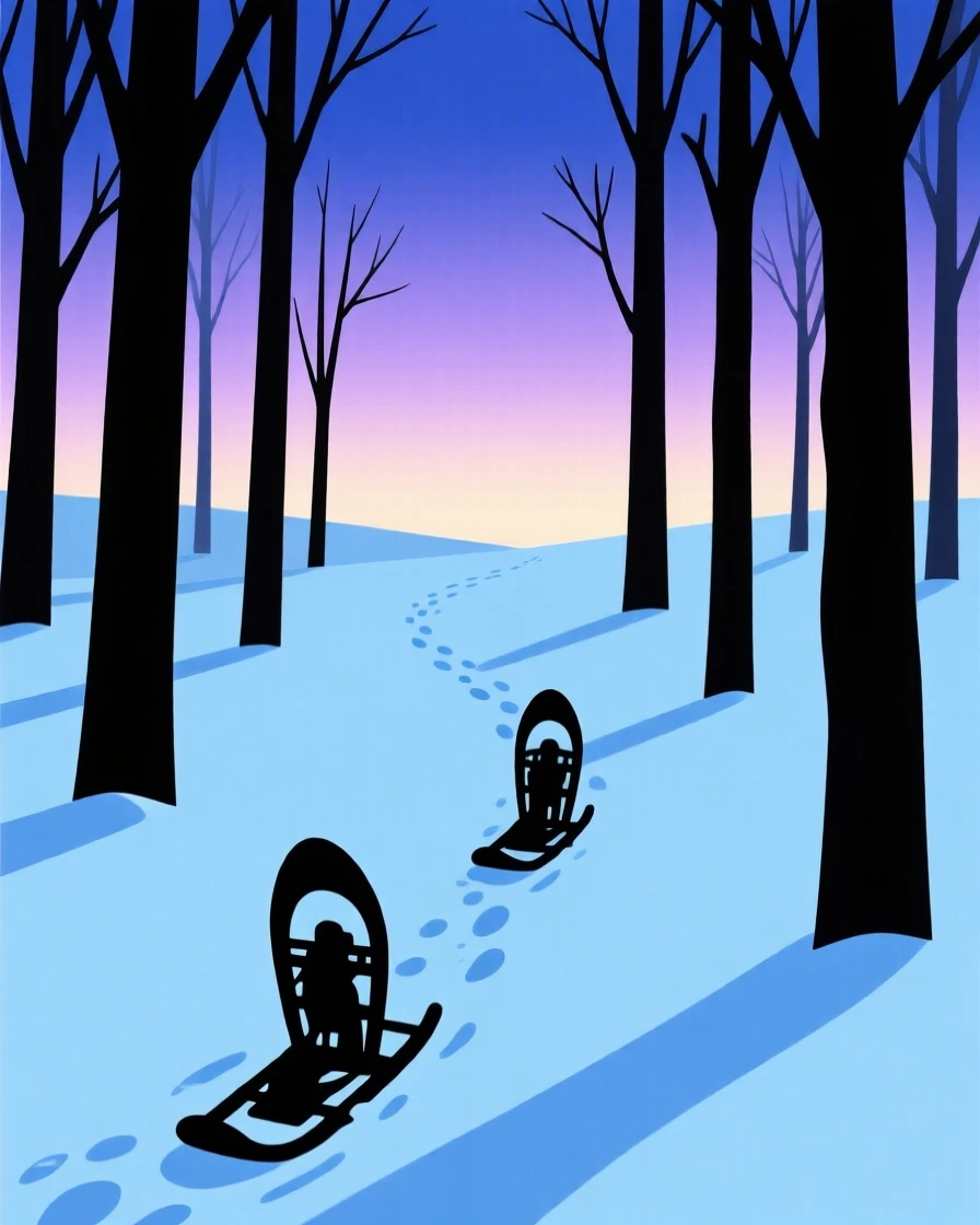 A single set of snowshoe tracks leading into a silent winter forest.