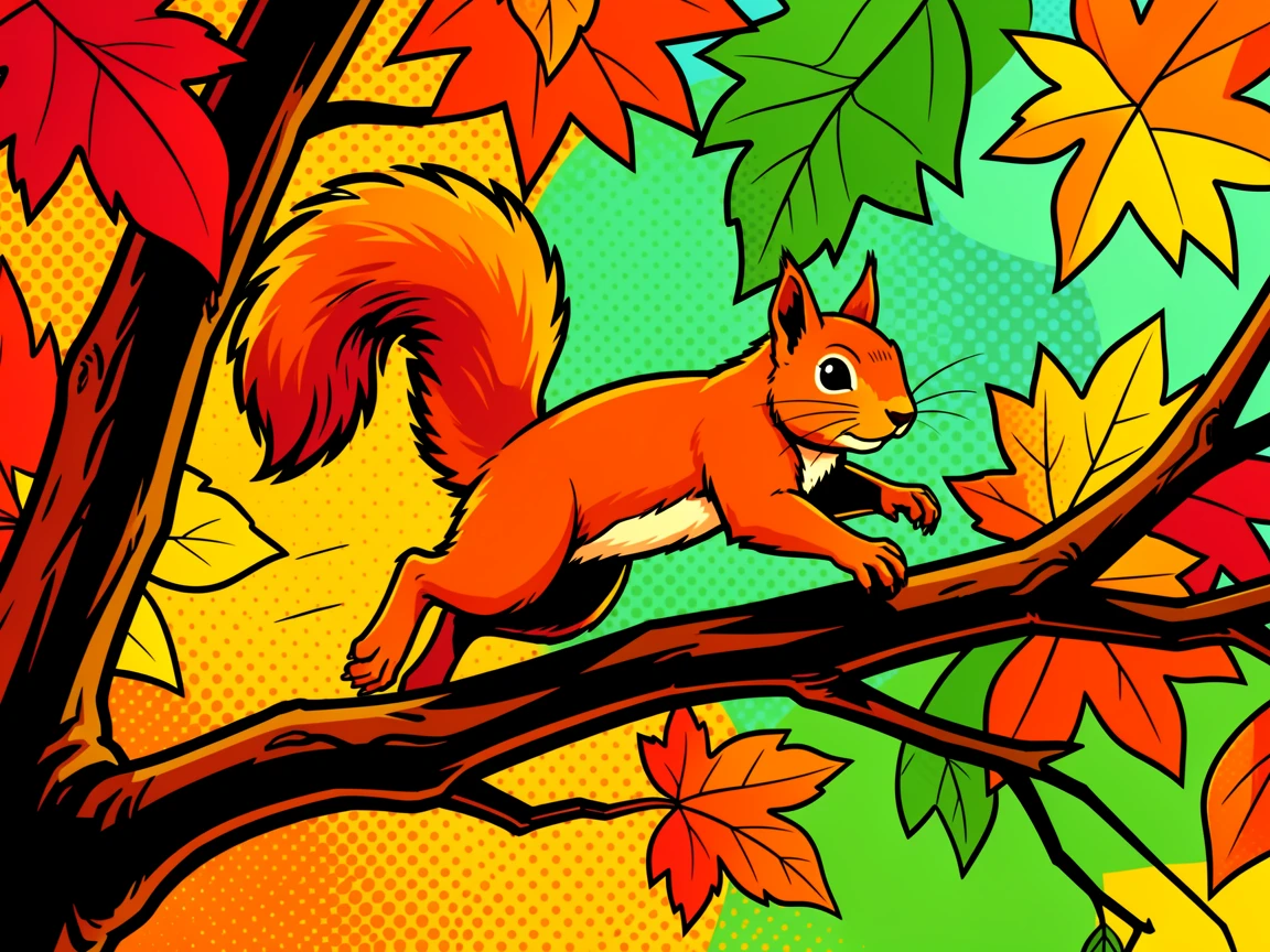 A squirrel leaping between autumn tree branches