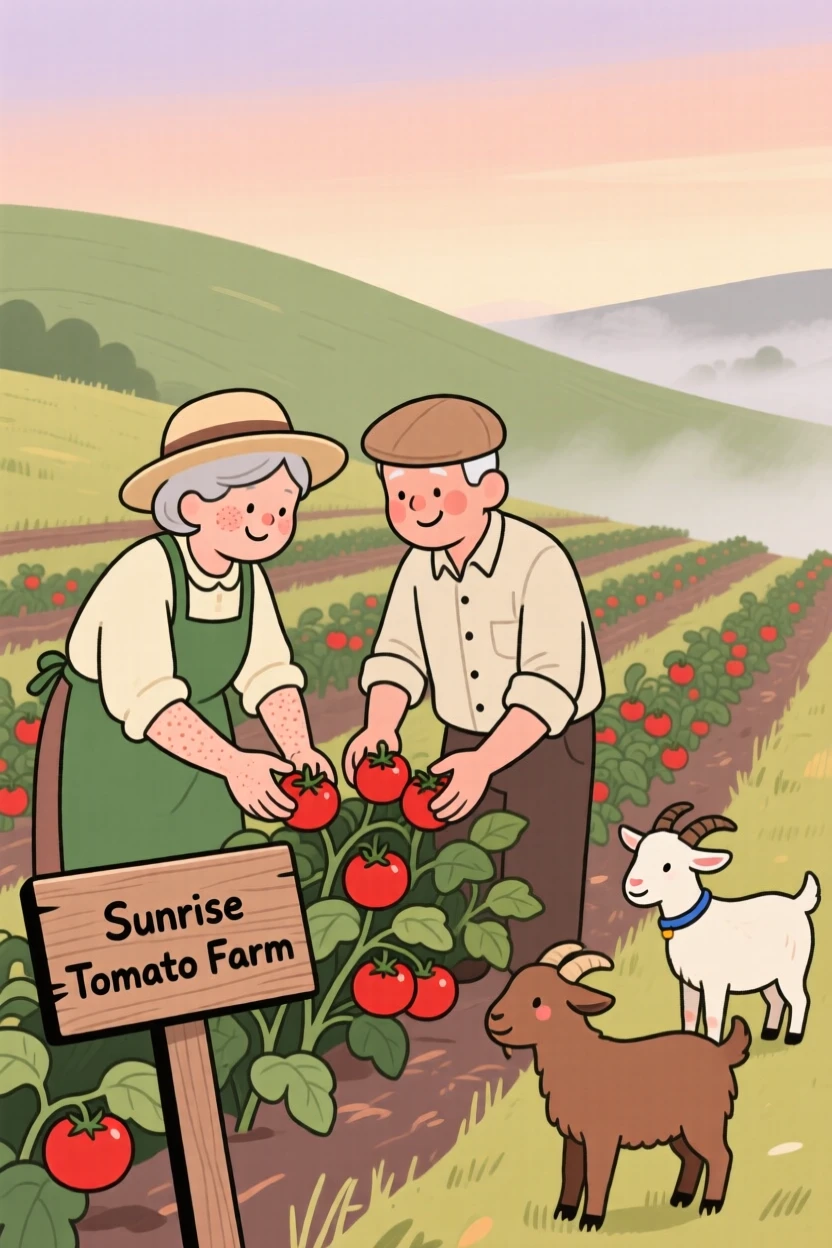 A elderly couple tends rows of ripening tomatoes on a hillside field as goats wander nearby and the morning mist begins to lift.
