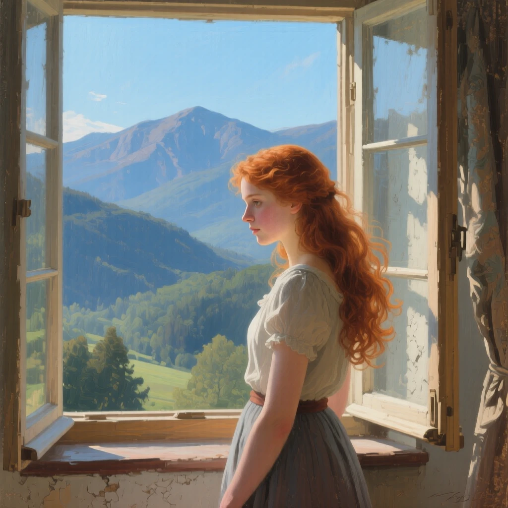 A detailed close shot of a young woman with flowing auburn hair standing by an open window, under a clear blue sky, in the Appalachian mountains.