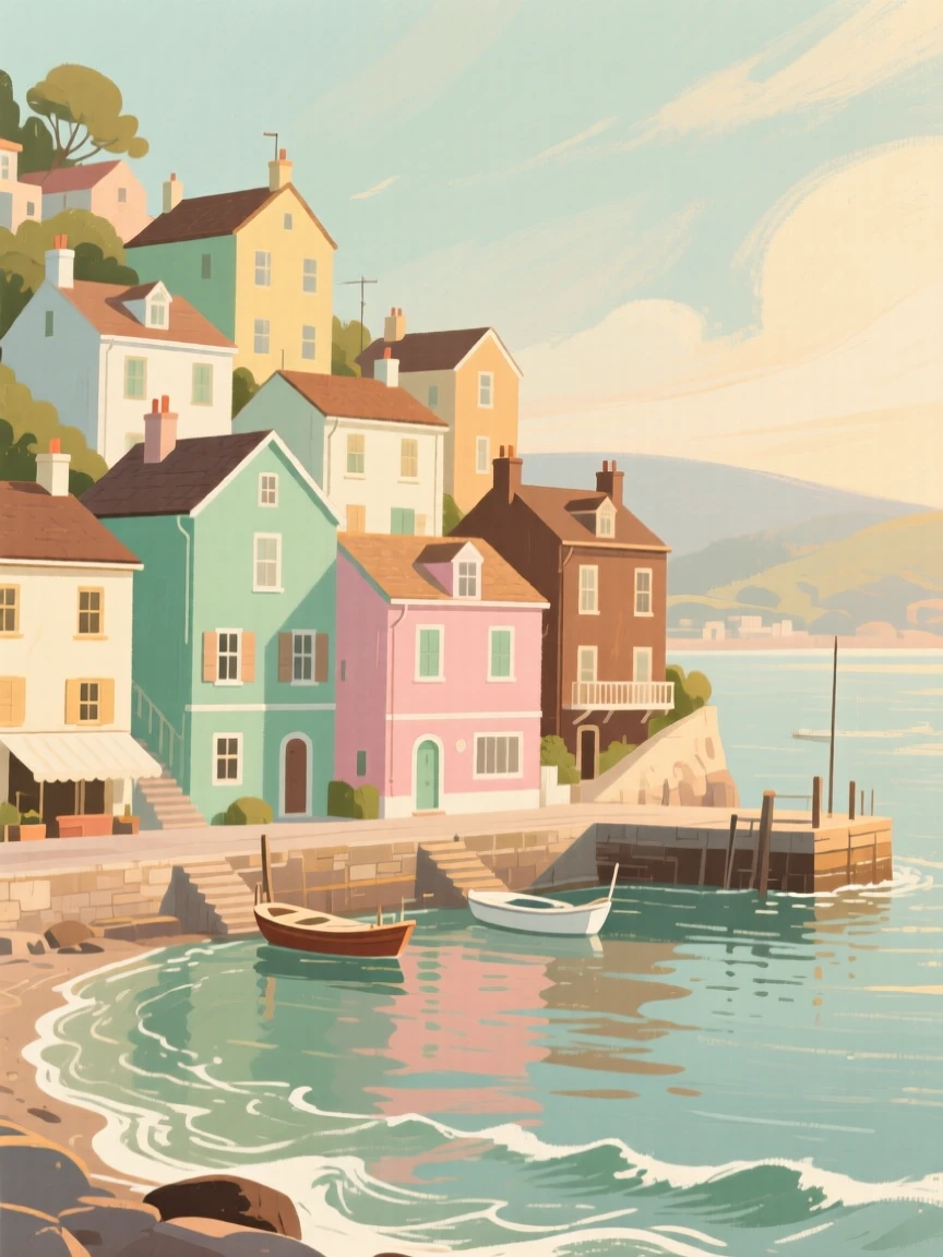 A seaside town with candy-colored houses tumbling down to the harbor