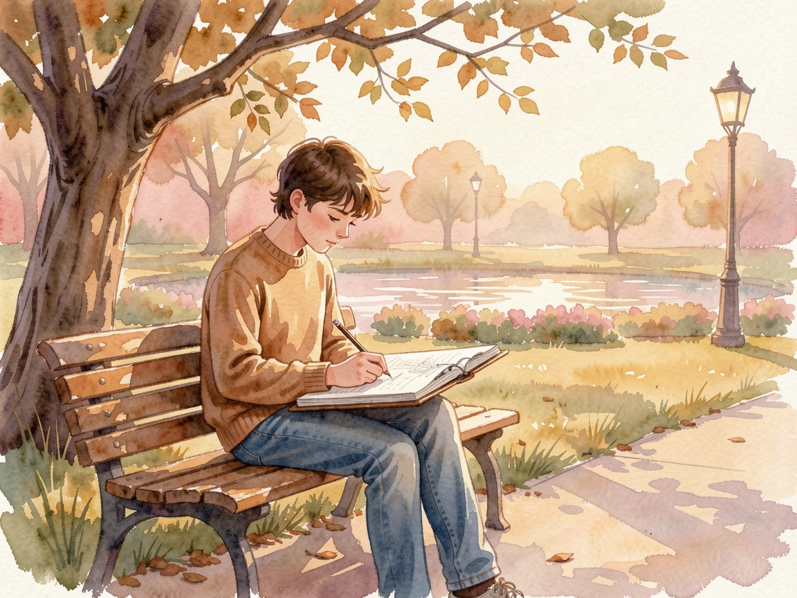 A young artist sketching in a park surrounded by a warm and inviting setting.