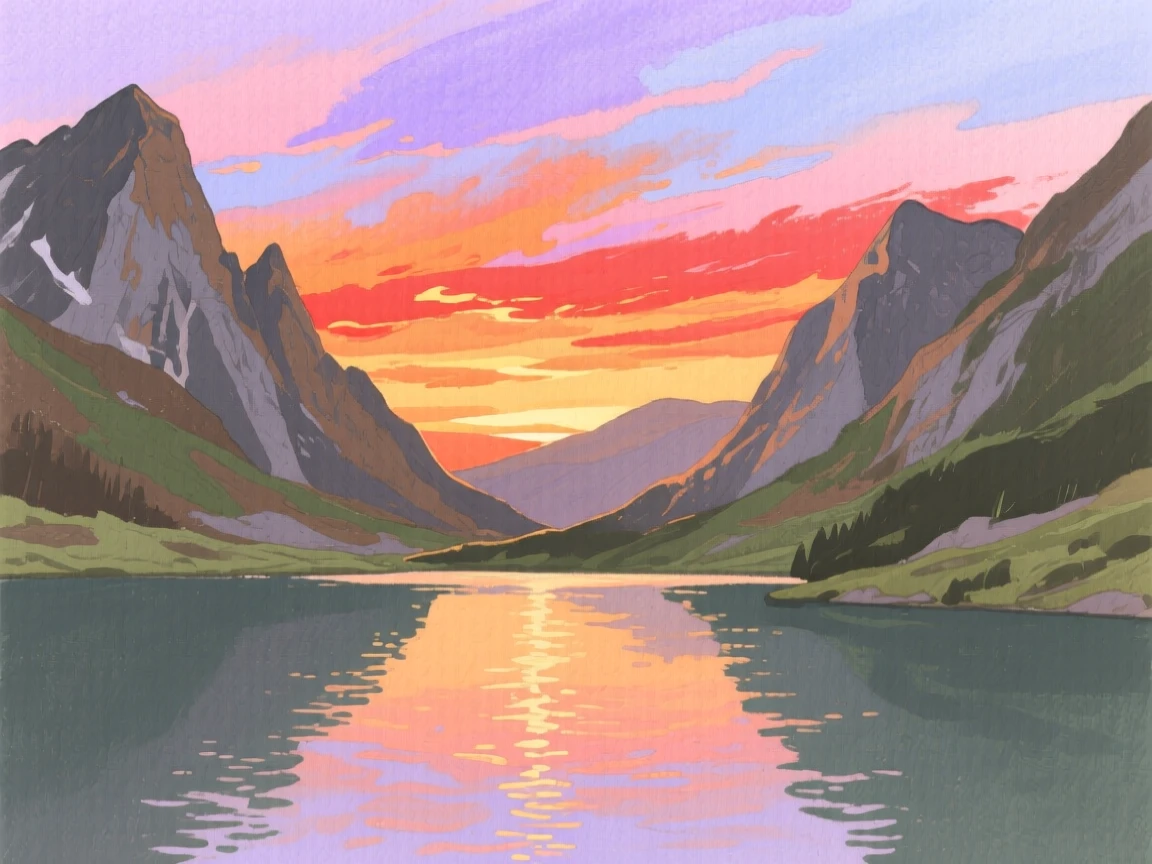 A breathtaking view of a mountain pass as the sun sets in brilliant colors, with reflections shimmering across still water