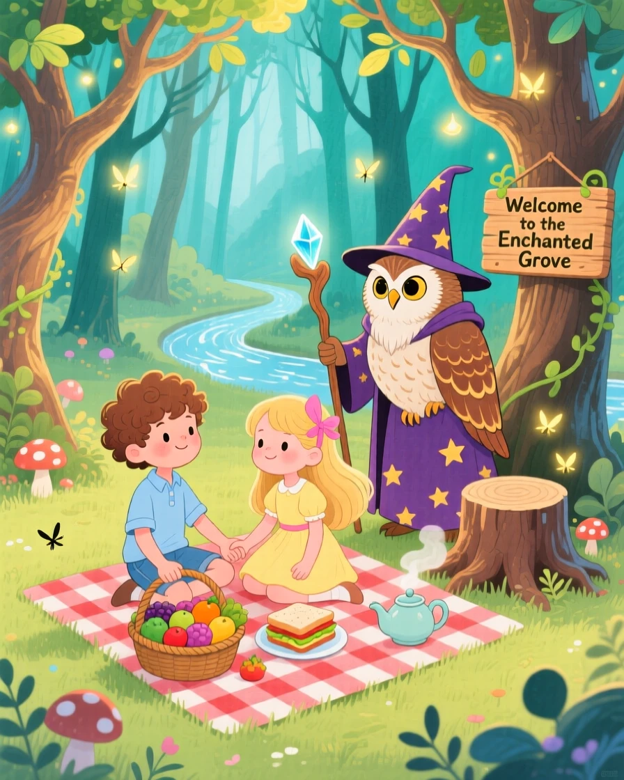 Twin siblings holding hands sharing a picnic with a wise old owl wizard inside an enchanted forest.