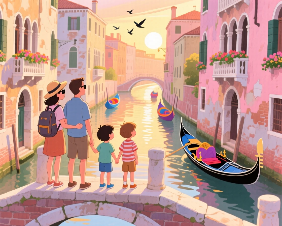 A family takes in the breathtaking view together amid the winding canals of Venice at golden hour, evoking wanderlust and adventure.