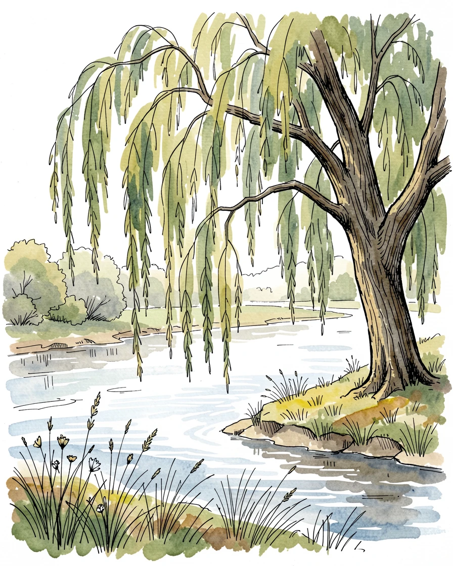 A quiet riverbank lined with weeping willows trailing into the current, a gentle breeze rippling through the grass and leaves.
