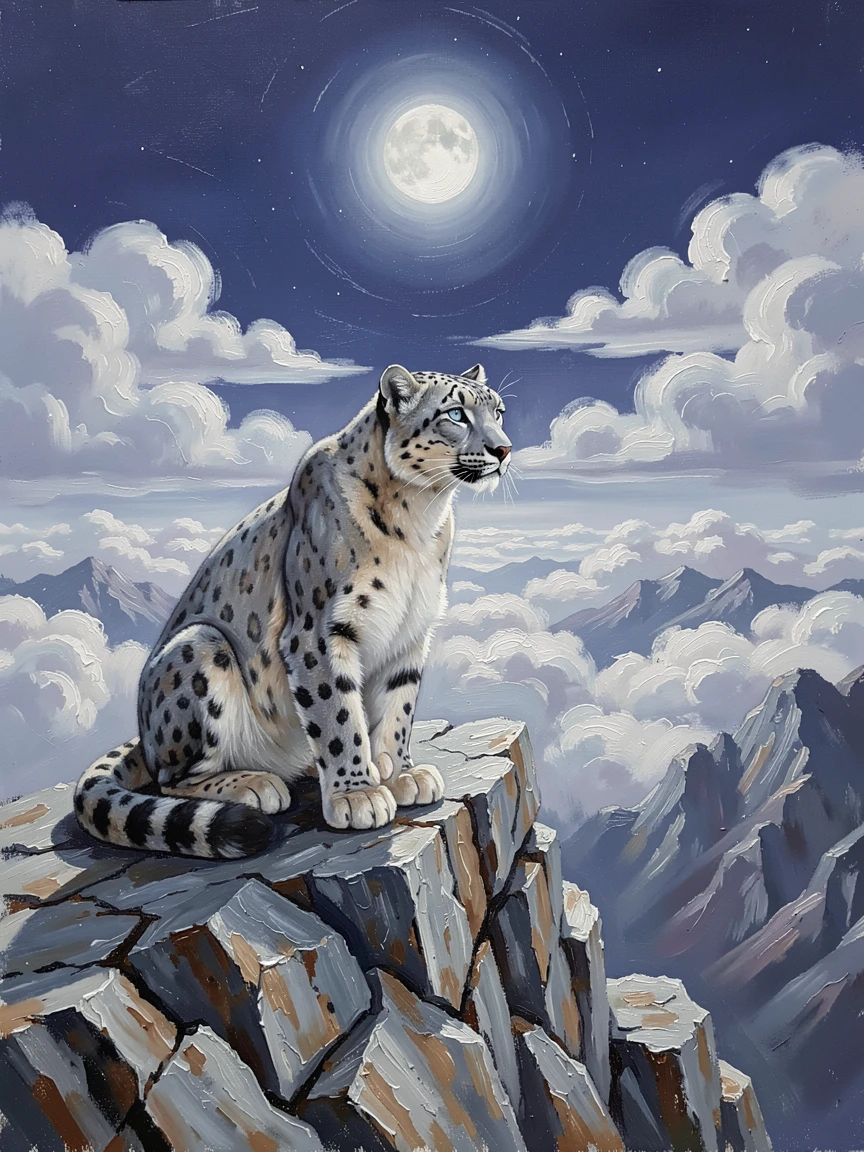 A snow leopard perched on a rocky mountain ledge, along a rocky mountain ridge above the clouds, it surveying the landscape from a high vantage point, under the soft light of a full moon.