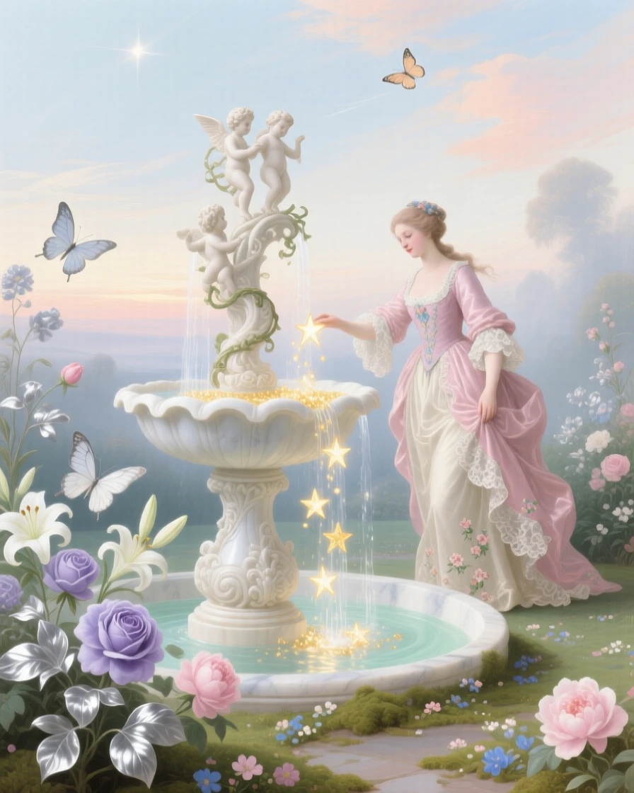 A celestial fountain pouring stars into a garden of silver flowers  