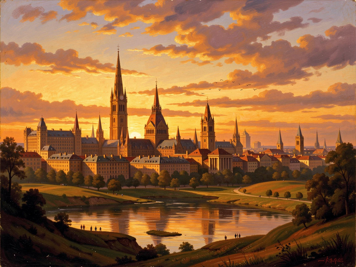 A city skyline glows warmly as the sun sets behind distant towers.