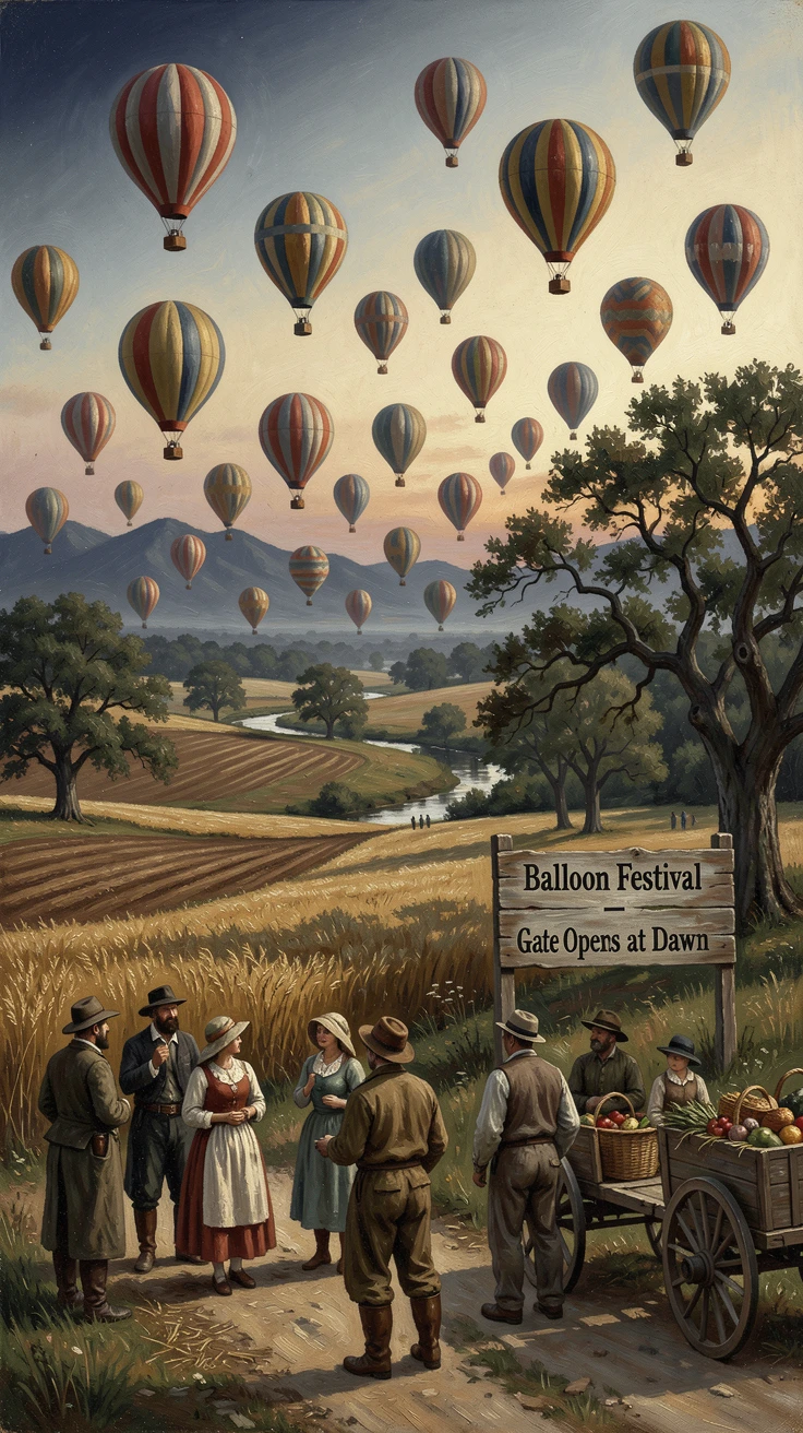 A hot air balloon festival filling the sky with hundreds of colorful balloons, with rich environmental detail immersing the viewer in the destination, offering a vivid, awe-inspiring window into a far-off adventure