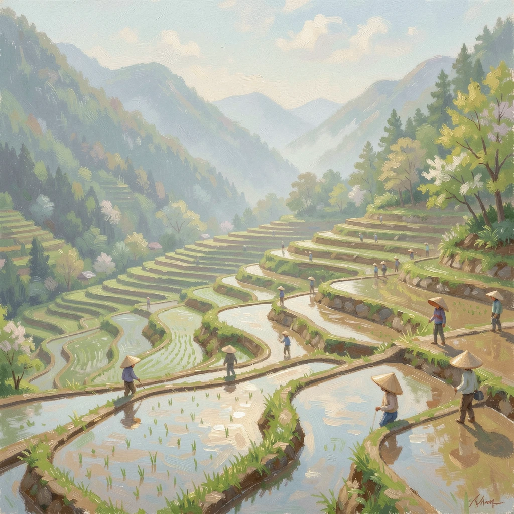 Terraced rice paddies cascading down a green mountainside, farmers in wide straw hats working among the flooded terraces, in early spring, capturing a fleeting moment of pure happiness.