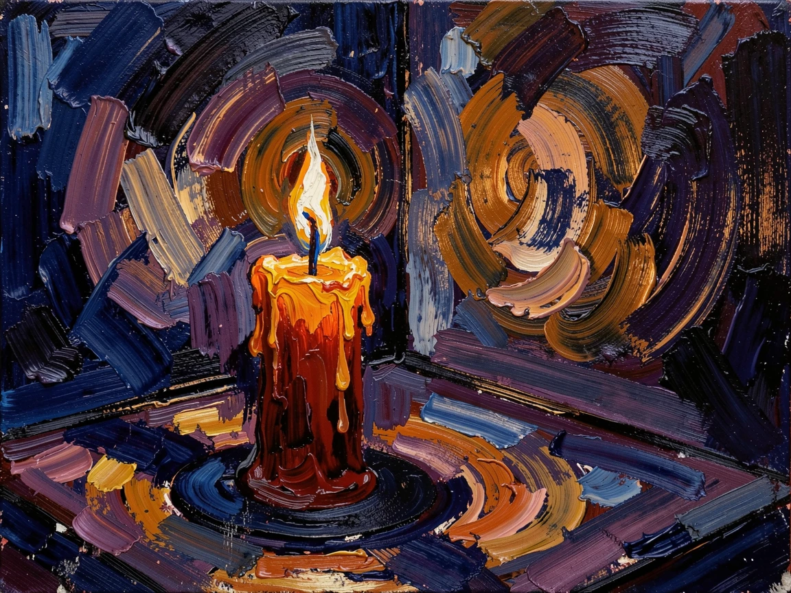 A single candle flickering in a dark room, its light casting long shadows on the wall.