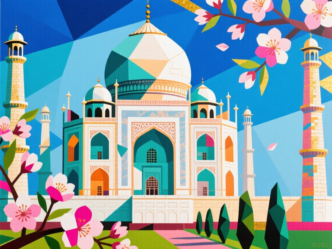 A breathtaking view of the Taj Mahal, surrounded by blooming spring blossoms.