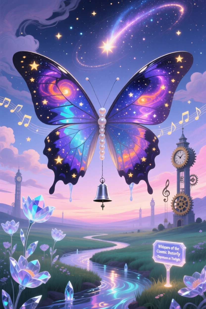 A butterfly whose wings are painted with an entire miniature galaxy drifts silently beneath a sky painted in soft twilight colors, while distant chimes seem to echo with each small movement.