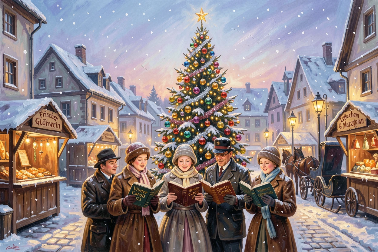 A snow-covered village square glows with a towering decorated Christmas tree, carolers gathered nearby beneath falling snowflakes, small cultural details woven throughout the scene, grounding it in a specific time and place.