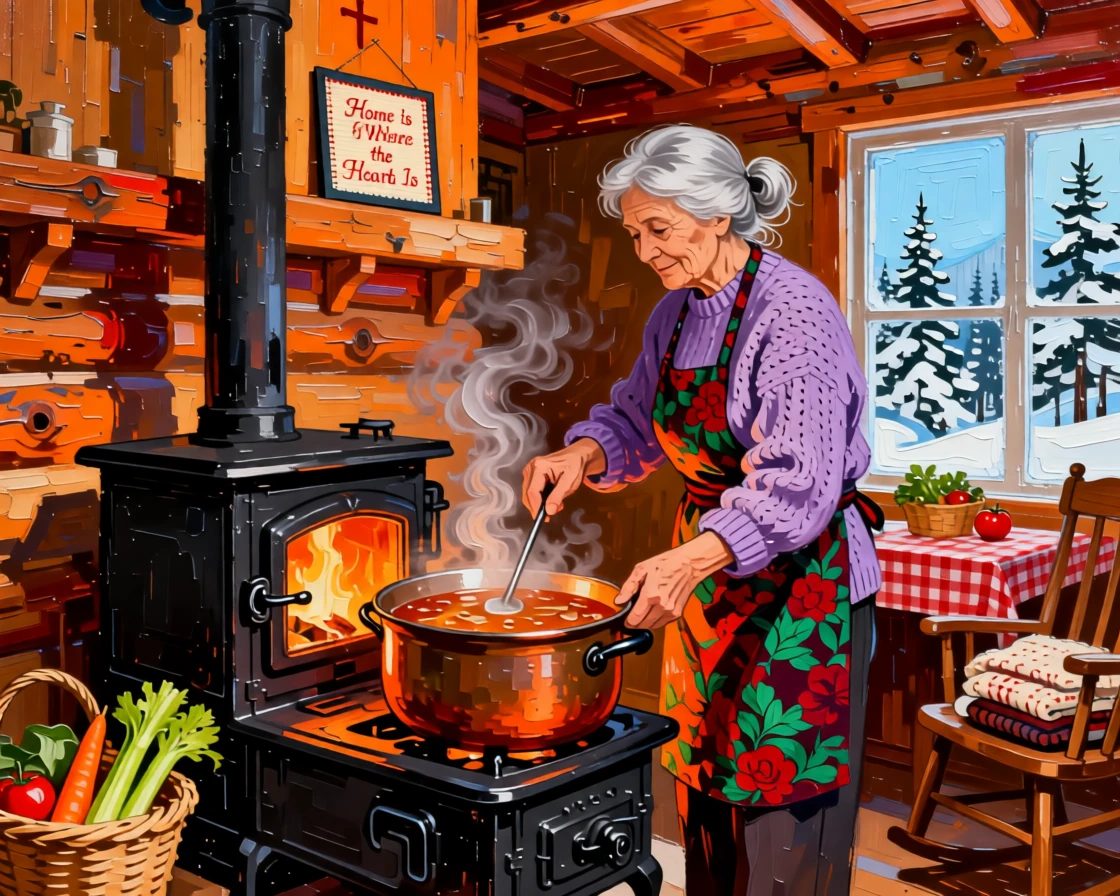 A grandmother stirring a pot of soup on a wood stove in a cozy mountain cabin