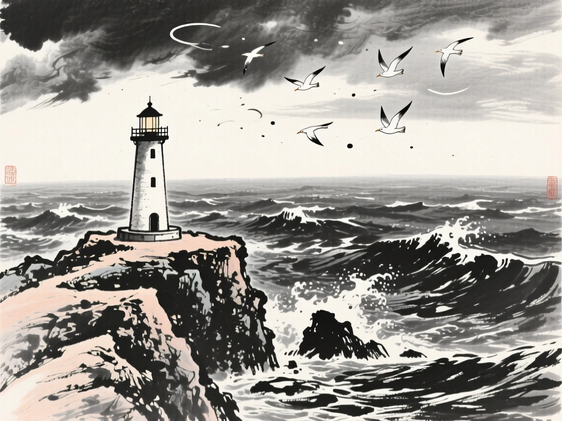 A lighthouse stands atop a rocky headland overlooking a stormy sea, with gulls circling above the rolling surf.