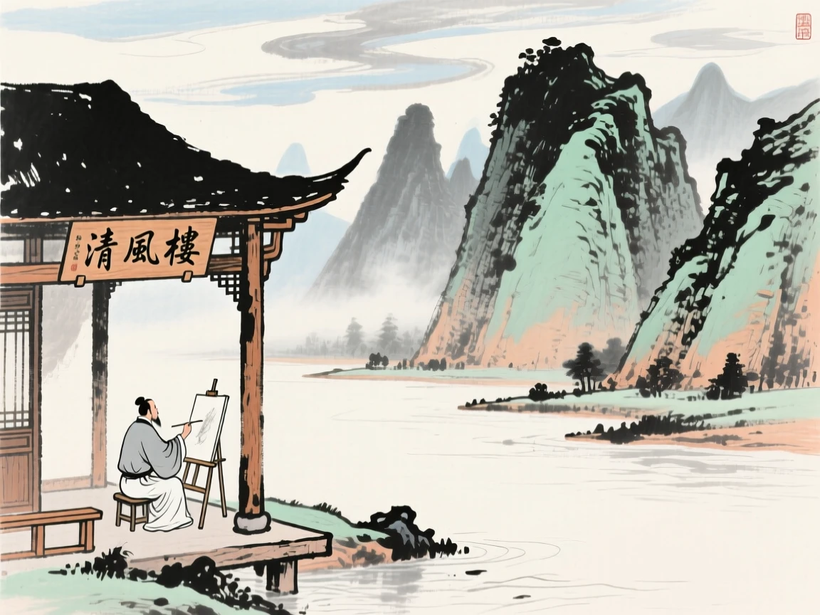 An artist sketching the mountains from a riverside pavilion, under a sky streaked with clouds.