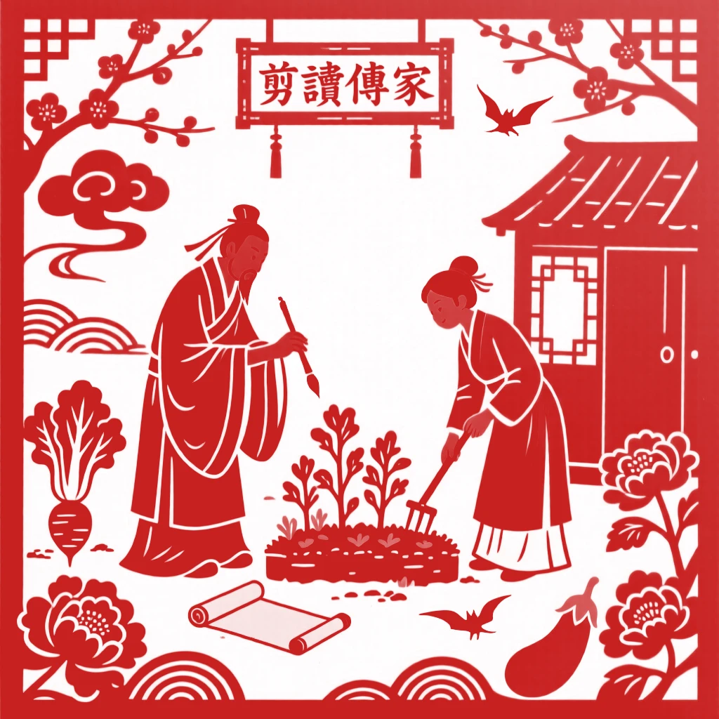 A calligrapher, tending a small vegetable garden together, in capturing an ordinary moment made meaningful by togetherness.
