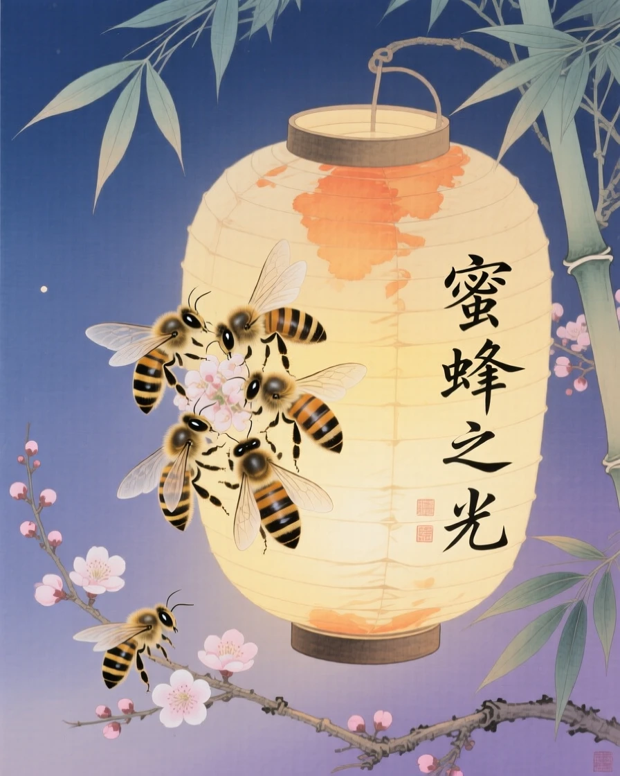 A cluster of honeybees near a paper lantern at twilight